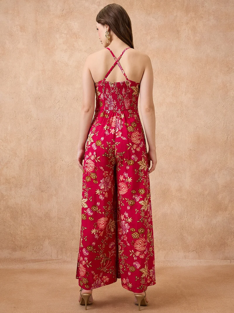 جلو باص Women Sweetheart Neck Strappy Shoulder Floral Print Ruched Fusion Jumpsuit