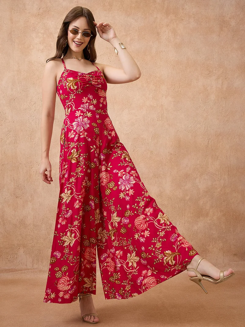 جلو باص Women Sweetheart Neck Strappy Shoulder Floral Print Ruched Fusion Jumpsuit