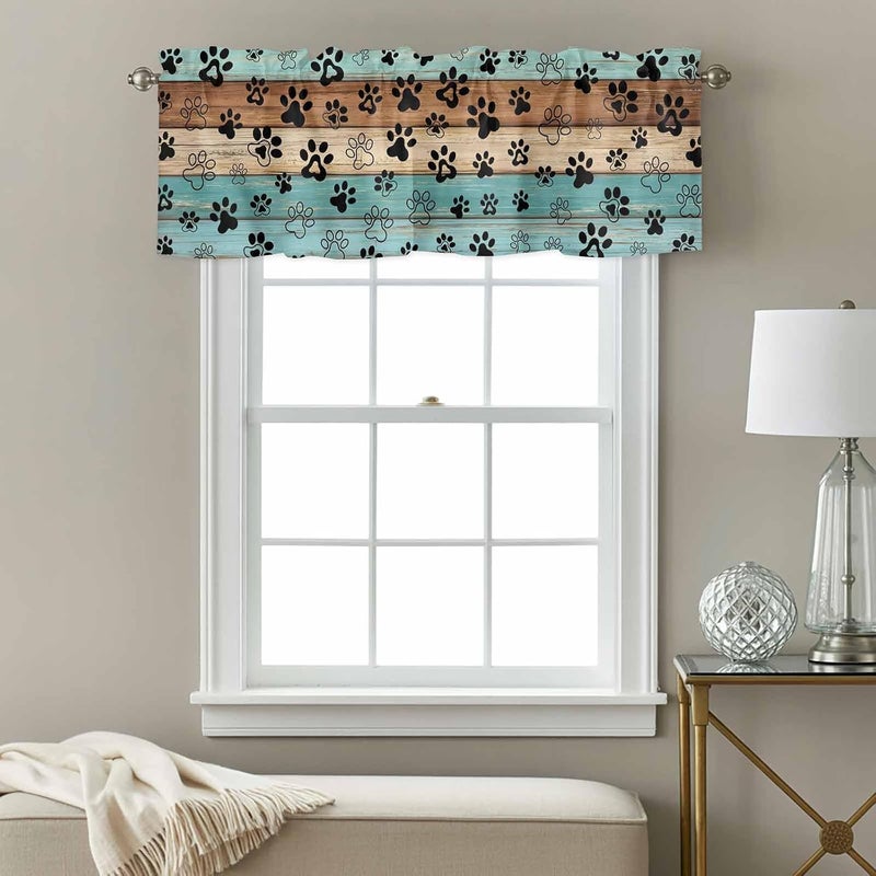Aqua Brown Valances for Windows, Short Curtains for Kitchen/Bathroom, Rustic Farmhouse Dog Paw Vintage Rod Pocket Window Treatment for Living Room/Doorway/Bedroom/Cafe Decor Panel 56"x16" - Image 3