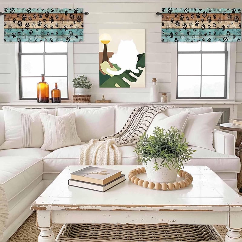 Aqua Brown Valances for Windows, Short Curtains for Kitchen/Bathroom, Rustic Farmhouse Dog Paw Vintage Rod Pocket Window Treatment for Living Room/Doorway/Bedroom/Cafe Decor Panel 56"x16" - Image 4