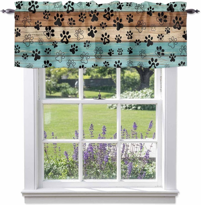 Aqua Brown Valances for Windows, Short Curtains for Kitchen/Bathroom, Rustic Farmhouse Dog Paw Vintage Rod Pocket Window Treatment for Living Room/Doorway/Bedroom/Cafe Decor Panel 56"x16" - Image 1