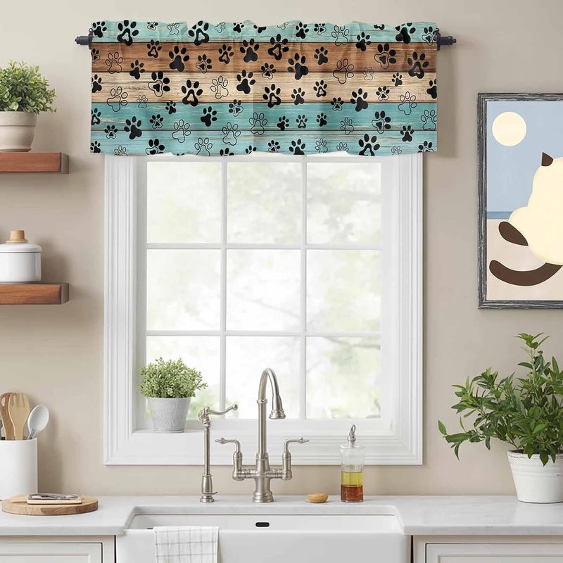 Aqua Brown Valances for Windows, Short Curtains for Kitchen/Bathroom, Rustic Farmhouse Dog Paw Vintage Rod Pocket Window Treatment for Living Room/Doorway/Bedroom/Cafe Decor Panel 56"x16" - Image 2