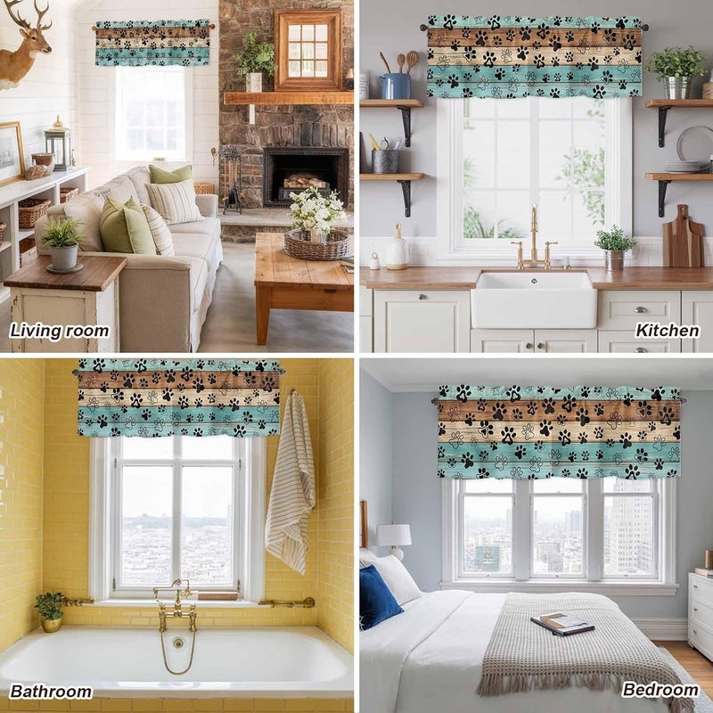 Aqua Brown Valances for Windows, Short Curtains for Kitchen/Bathroom, Rustic Farmhouse Dog Paw Vintage Rod Pocket Window Treatment for Living Room/Doorway/Bedroom/Cafe Decor Panel 56"x16" - Image 5
