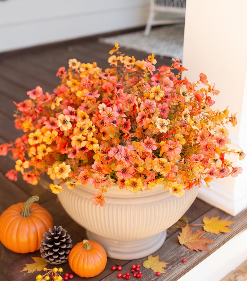 HyeFlora Artificial Fall Flowers Faux Mums for Outdoor Indoor Garden Home Decoration, Faux Flower Daisy with Eucalyptus Leaves Fake Mums Plants Greenery Boxwood Porch Patio, 12 Bundles - Image 1