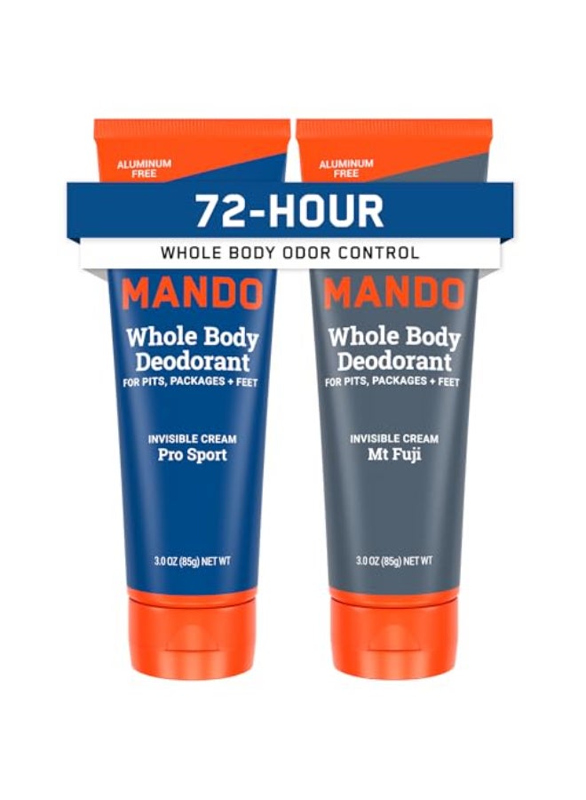 Mando Whole Body Deodorant For Men Invisible Cream 72 Hour Odor Control Aluminum Free Baking Soda Free Skin Safe 3 Ounce Tube Pack of 2 Pro Sport and Mount Fuji - Image 1