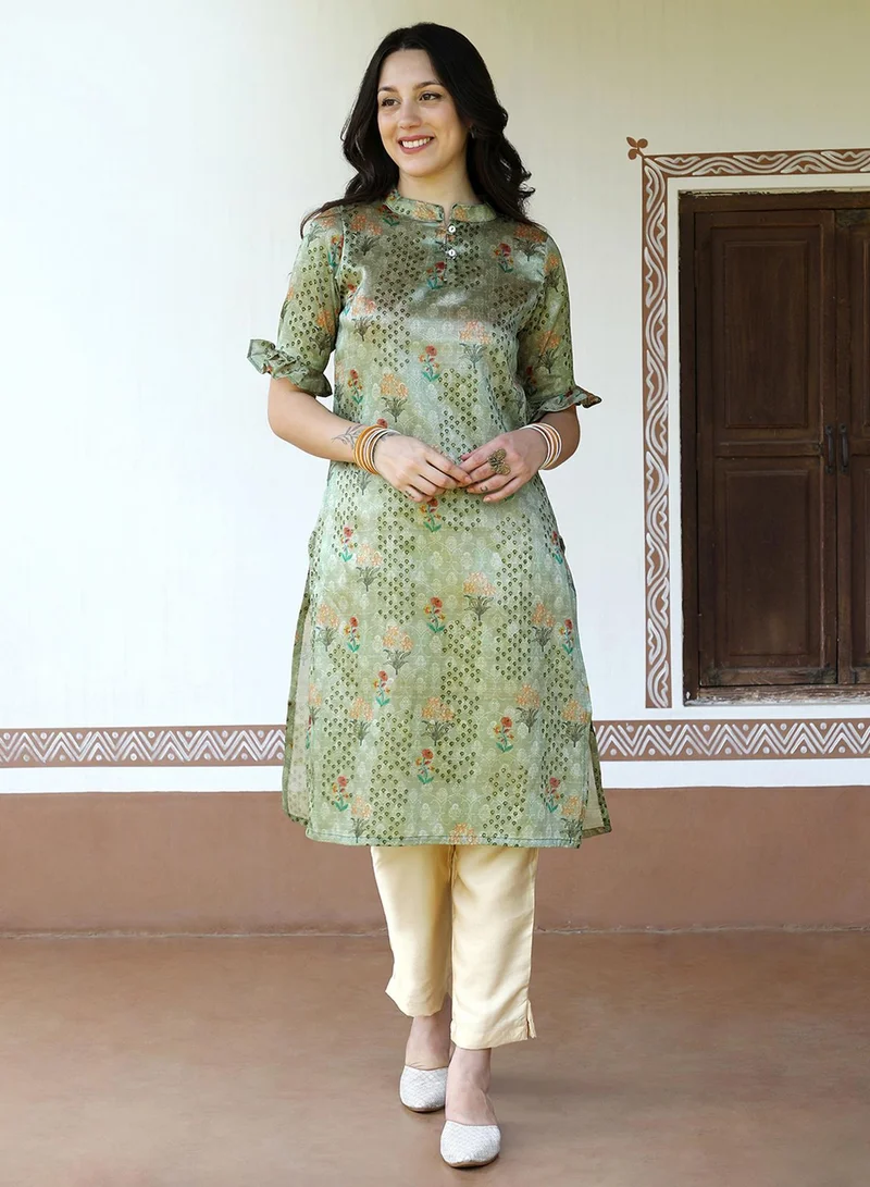 QISSA Women's Olive Green Flora Kurta With Flounce Cuff