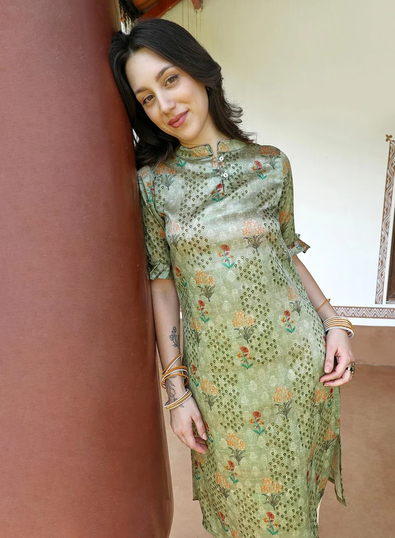 QISSA Women's Olive Green Flora Kurta With Flounce Cuff