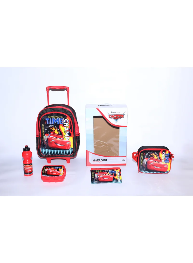 Disney Cars 5 in 1 Value Pack (16" Trolley Bag with Lunch Box, Lunch bag, Water Bottle and Pencil Case)