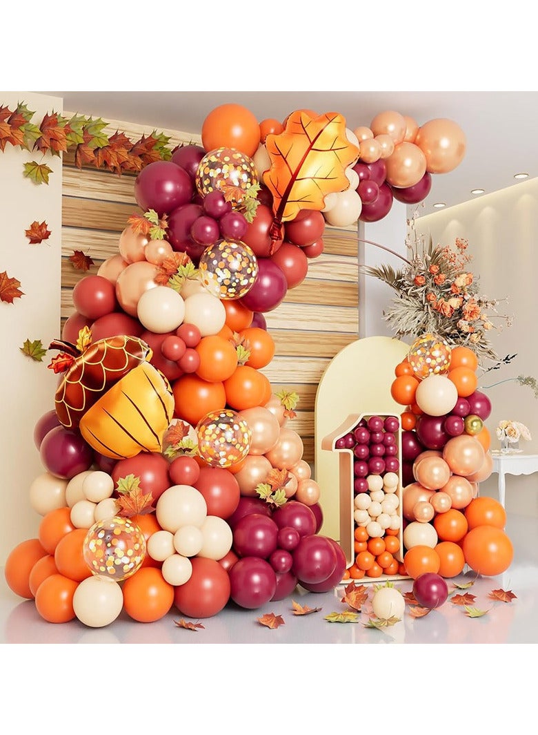 JEEJPV 138pcs Fall Balloon Garland Arch Kit with Orange Dusty Pink Wine Red Rose Gold Confetti Balloons Maple Leaf Pine Cones Foil Balloons for Thanksgiving Autumn Fall Birthday Shower Party Decorations - Image 1
