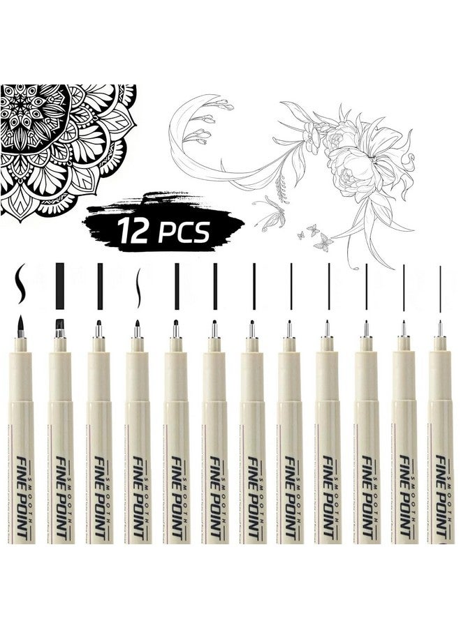 Amitasha 12 Pc Black Fine Point Technical Pens Set With Different Nib Sizes - Extra Fine Point Fineliner Pen For Calligraphy, Drawing, Writing, Designing, Comic, Waterproof & Quick Drying - Image 1