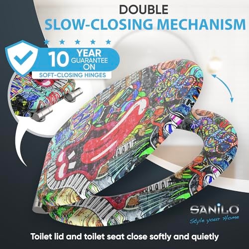 SANILO Wooden Toilet Seat with Soft Close [ELONGATED] - Decorative, Quiet & Slow Close Molded Wood Seat - With Strong Bumpers & Hinges - Adjustable Fit - Graffiti - Image 3