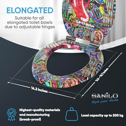 SANILO Wooden Toilet Seat with Soft Close [ELONGATED] - Decorative, Quiet & Slow Close Molded Wood Seat - With Strong Bumpers & Hinges - Adjustable Fit - Graffiti - Image 4