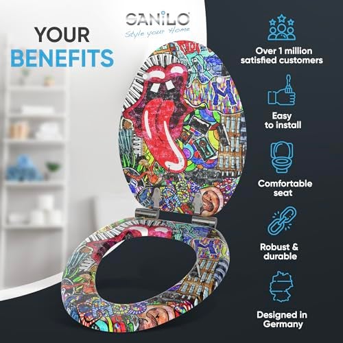 SANILO Wooden Toilet Seat with Soft Close [ELONGATED] - Decorative, Quiet & Slow Close Molded Wood Seat - With Strong Bumpers & Hinges - Adjustable Fit - Graffiti - Image 2