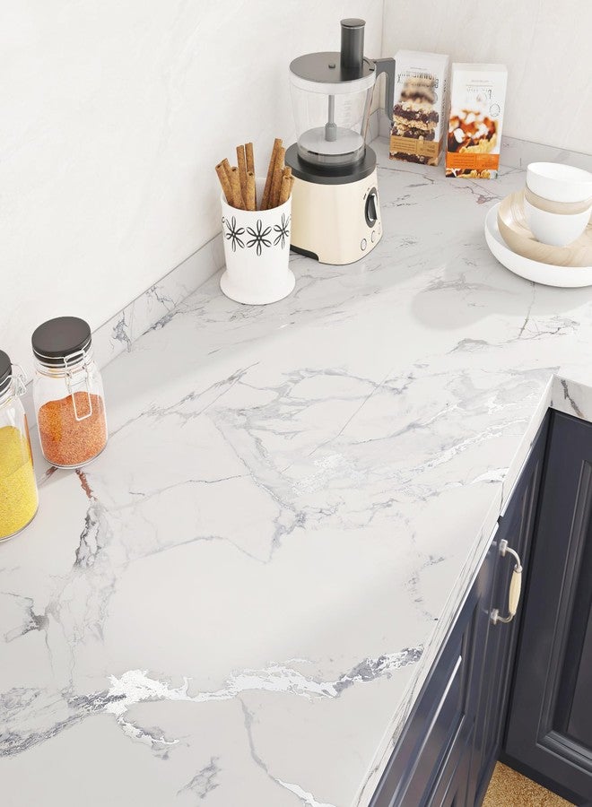 ReWallpaper ورق جدران رخامي ReWallpaper قابل للتقشير واللصق، ورق جدران رخامي أبيض رمادي غير لامع مقاوم للماء، مناسب لأسطح العمل والخزائن والحمامات والمطبخ، ولفائف فينيل ذاتية اللصق، مقاس 15.8 بوصة × 10 أقدام - Image 1