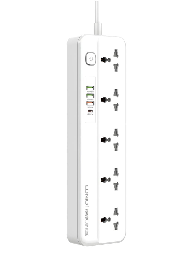 إل دينو - مشترك كهرباء LDNIO SC5415 مع 5 منافذ طاقة و4 منافذ USB – قدرة إجمالية 2500 واط – حماية متكاملة – كابل 2 متر – تصميم مقاوم للاشتعال – أبيض - Image 1