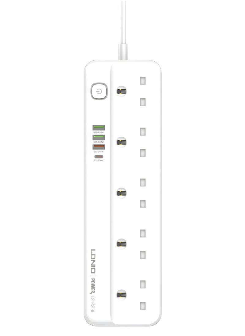 إل دينو - مشترك كهرباء LDNIO SC5415 مع 5 منافذ طاقة و4 منافذ USB – قدرة إجمالية 2500 واط – حماية متكاملة – كابل 2 متر – تصميم مقاوم للاشتعال – أبيض - Image 1