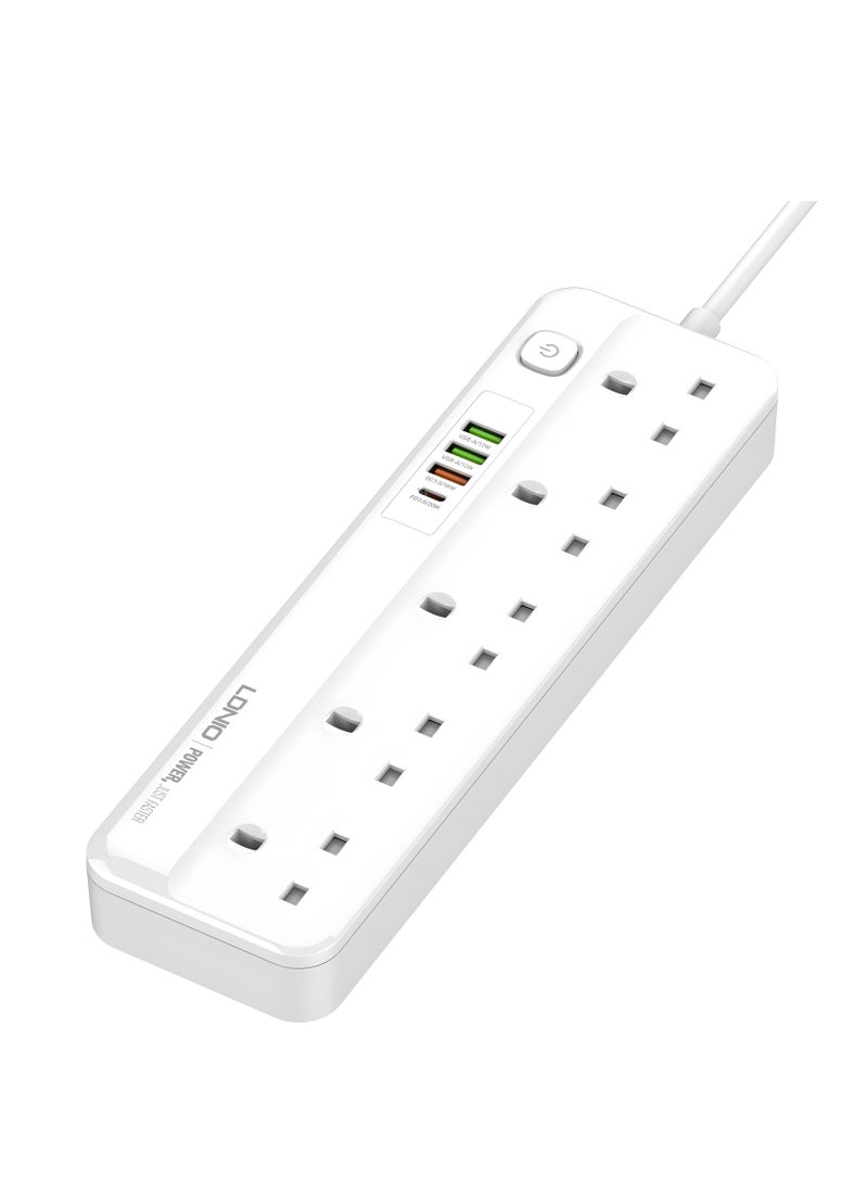 إل دينو - مشترك كهرباء LDNIO SC5415 مع 5 منافذ طاقة و4 منافذ USB – قدرة إجمالية 2500 واط – حماية متكاملة – كابل 2 متر – تصميم مقاوم للاشتعال – أبيض - Image 1