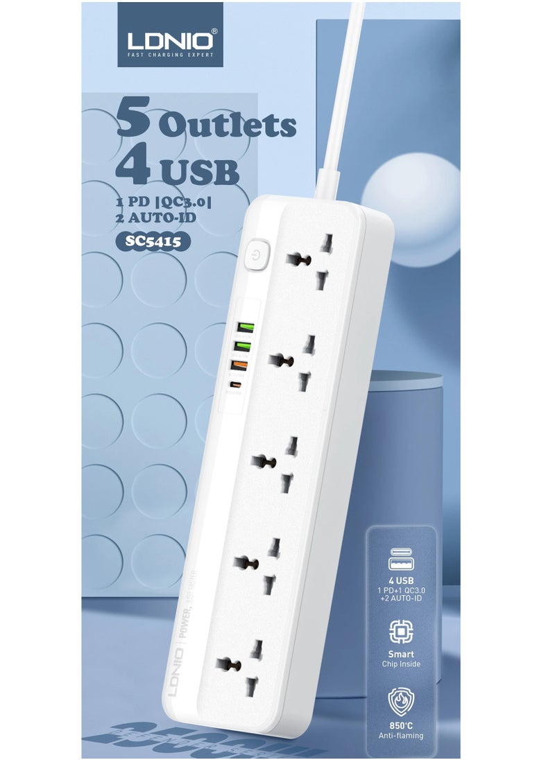 إل دينو - مشترك كهرباء LDNIO SC5415 مع 5 منافذ طاقة و4 منافذ USB – قدرة إجمالية 2500 واط – حماية متكاملة – كابل 2 متر – تصميم مقاوم للاشتعال – أبيض - Image 1