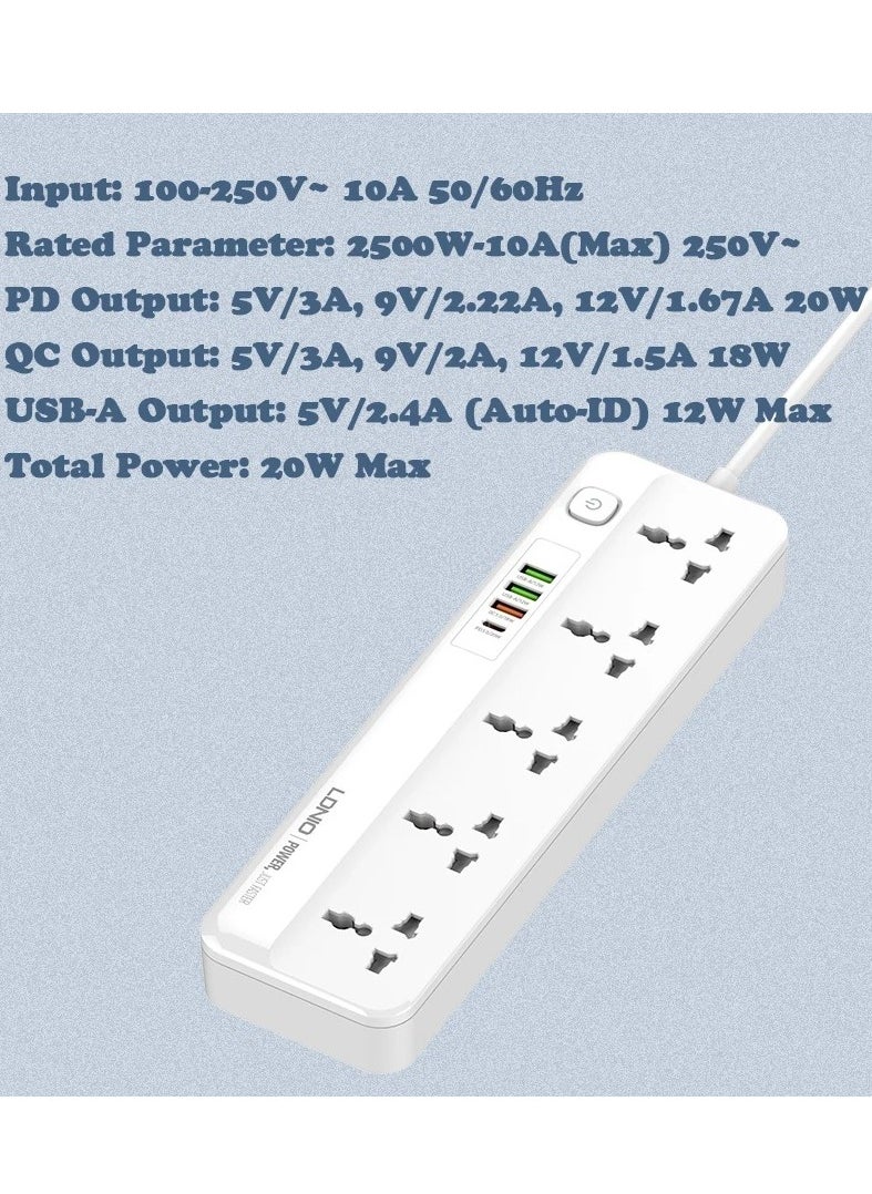 إل دينو - مشترك كهرباء LDNIO SC5415 مع 5 منافذ طاقة و4 منافذ USB – قدرة إجمالية 2500 واط – حماية متكاملة – كابل 2 متر – تصميم مقاوم للاشتعال – أبيض - Image 1