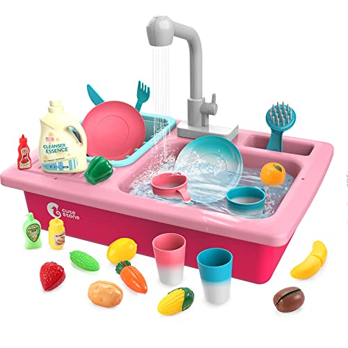 CUTE STONE Color Changing Play Kitchen Sink Toys Children Electric Dishwasher Playing Toy with Running WaterUpgraded Real Faucet and Play DishesPretend Role Play Toys for Kids Boys Girls - Image 1