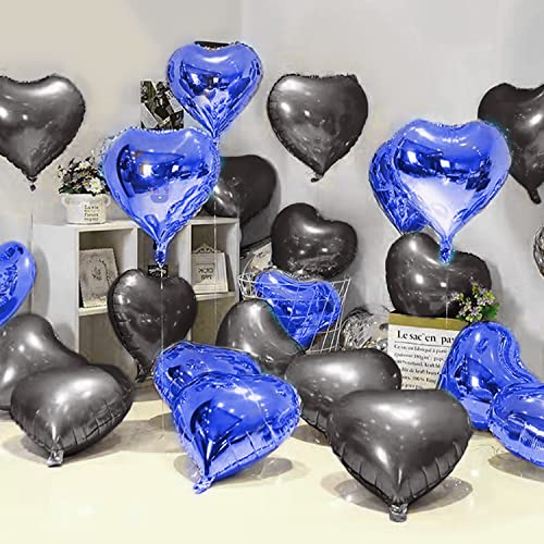 Just Party 5 Pcs Blue & Black 18 Inch Heart Shape Foil Balloons with Shiny Surface For Birthdays/Anniversary/Engagement/Baby Shower/bachelorette Party Decorations (Satin Roll & Straw Included) - Image 1