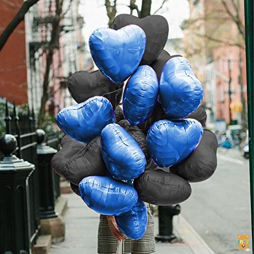 Just Party 5 Pcs Blue & Black 18 Inch Heart Shape Foil Balloons with Shiny Surface For Birthdays/Anniversary/Engagement/Baby Shower/bachelorette Party Decorations (Satin Roll & Straw Included) - Image 4