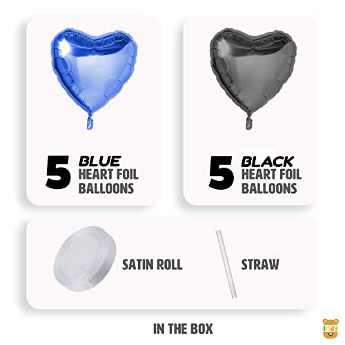 Just Party 5 Pcs Blue & Black 18 Inch Heart Shape Foil Balloons with Shiny Surface For Birthdays/Anniversary/Engagement/Baby Shower/bachelorette Party Decorations (Satin Roll & Straw Included) - Image 2