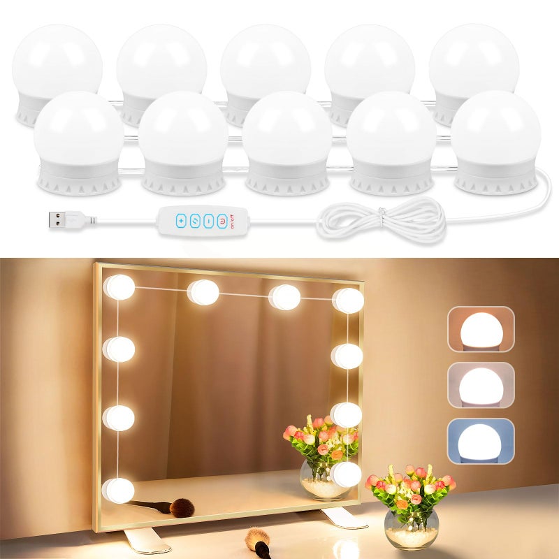 LED Vanity Lights For Mirror Vanity Lights Stick on with 10 Dimmable Bulbs 3000K 4000K 6500K 10 Level Brightness Adjustable USB Cable Hollywood Mirror Lights for Makeup Dressing Room Bathroom