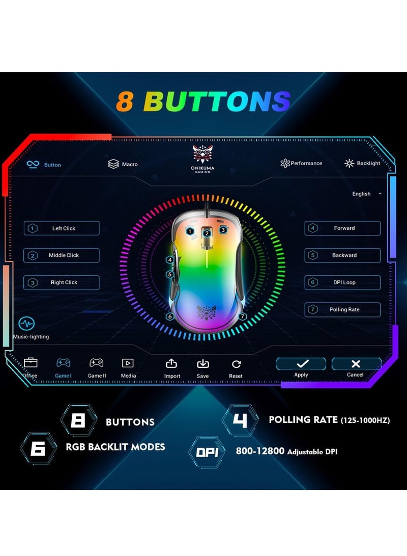 onikuma CW925 Gaming Mouse Wired- Full Customized Software - 8 Macro Programmable Buttons - Up to 12800 DPI - Chroma RGB Backlit High Precision Sensor -Ultra-Lightweight Ergonomic Design For with PC/Mac/Laptop | Transparent Black - Image 4