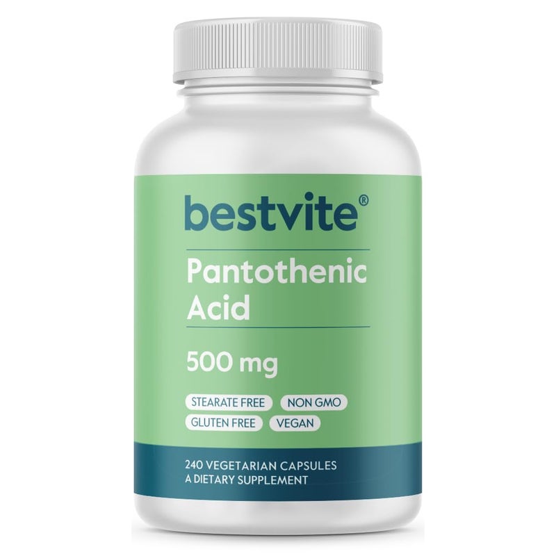 BESTVITE Pantothenic Acid 500mg Vitamin B5240 Vegetarian Capsules No Stearates No Gelatin No Calcium Silicate Vegan Non GMO Gluten Free