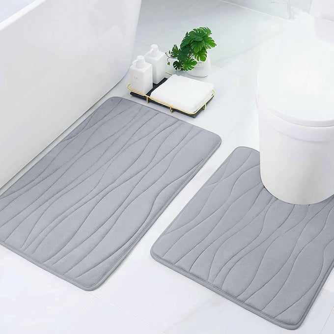 MEMORY FOAM 2 PIECES BATH RUGS SET - SOFT NON-SLIP THICK BATH MAT AND CONTOUR TOILET RUG, ABSORBENT WASHABLE BATHROOM RUGS AND MATS SET (20" X 24" + 20" X 32", GREY)