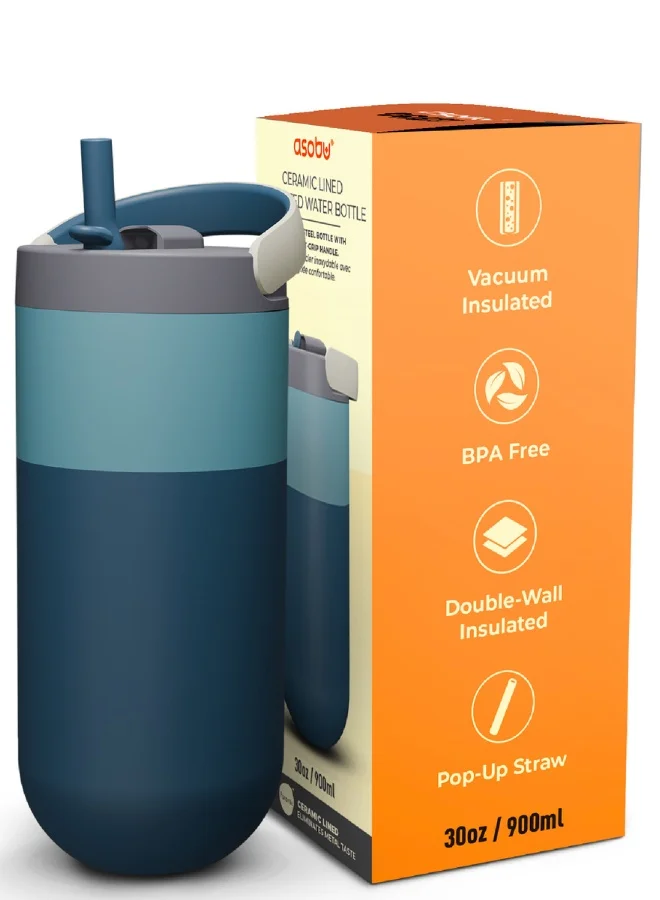 Asobu Orbit Pop-Up Lid Water Bottle 880ml, Sleek Insulated Stainless Steel Bottle with Spill Proof Pop-Up Lid and Carry Handle, Keeps Drinks Cold for 24 Hours, BPA Free, Perfect for Iced Coffee, Travel and Everyday Hydration