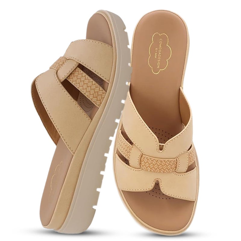 YOKI TUNSA-14 Wedge Platform Sandals - Slip On Wedge Sandals for Women with H-Band Braided Strap and Comfort Footbed, Open Toe Platform Slides - Beige, Size 10 - Image 1