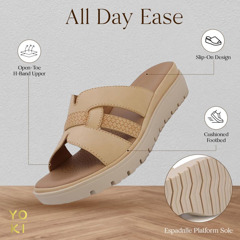 YOKI TUNSA-14 Wedge Platform Sandals - Slip On Wedge Sandals for Women with H-Band Braided Strap and Comfort Footbed, Open Toe Platform Slides - Beige, Size 10 - Image 5