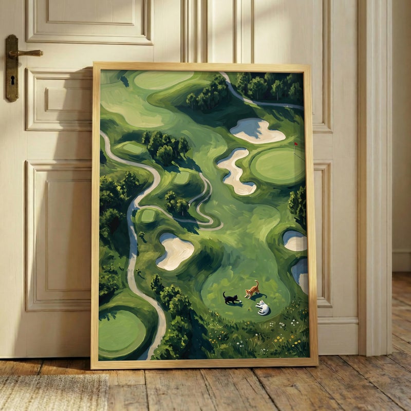 TNESSENTIAL Funny Cat Golf Print – Aerial Fairway Landscape, Quirky Sports Wall Art, Green Course Poster, Cat Lover Golfer Gift, Painterly Golf Decor - Image 1