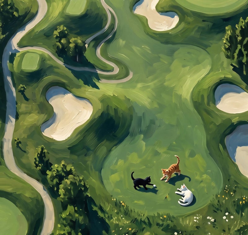 TNESSENTIAL Funny Cat Golf Print – Aerial Fairway Landscape, Quirky Sports Wall Art, Green Course Poster, Cat Lover Golfer Gift, Painterly Golf Decor - Image 2