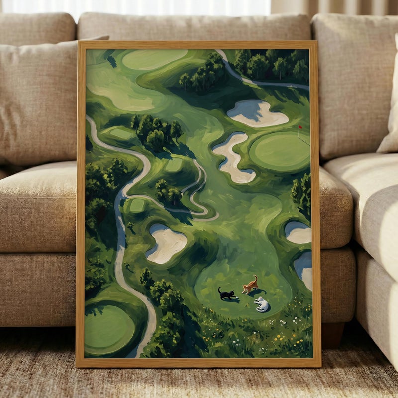 TNESSENTIAL Funny Cat Golf Print – Aerial Fairway Landscape, Quirky Sports Wall Art, Green Course Poster, Cat Lover Golfer Gift, Painterly Golf Decor - Image 5