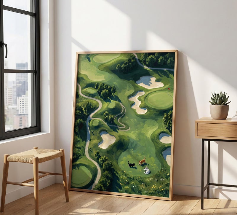 TNESSENTIAL Funny Cat Golf Print – Aerial Fairway Landscape, Quirky Sports Wall Art, Green Course Poster, Cat Lover Golfer Gift, Painterly Golf Decor - Image 4