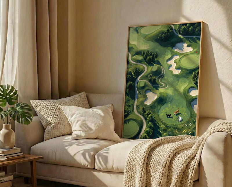 TNESSENTIAL Funny Cat Golf Print – Aerial Fairway Landscape, Quirky Sports Wall Art, Green Course Poster, Cat Lover Golfer Gift, Painterly Golf Decor - Image 3
