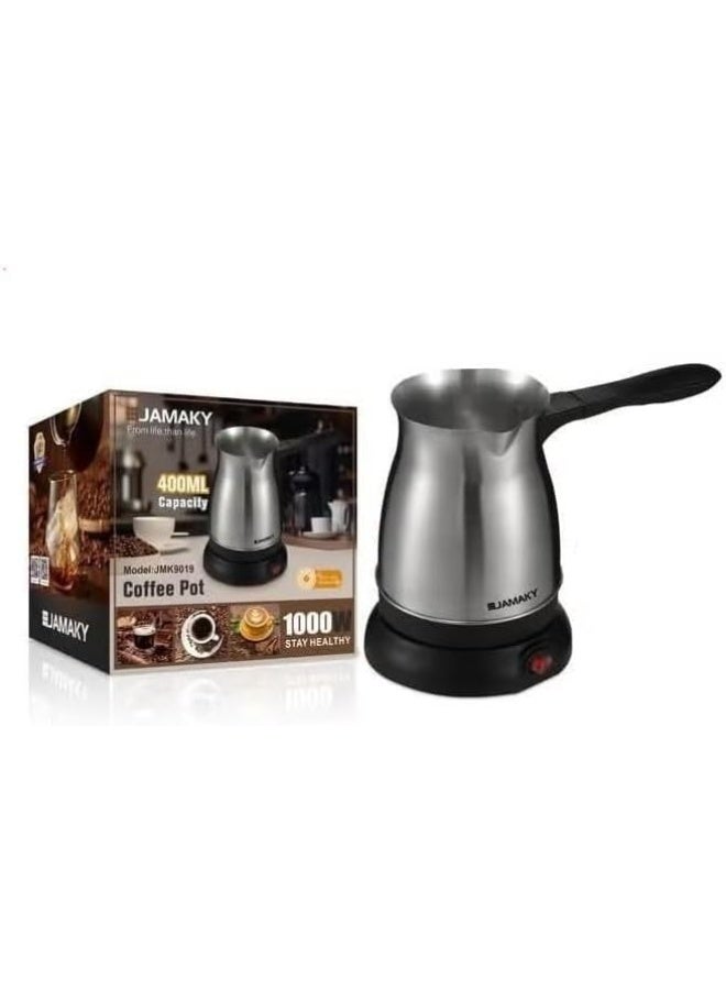 Jamaky Turkish Coffee Pot, Stainless Steel, with Heating Base, 1000 Watts, 0.4 Liter Capacity, Made of Stainless Steel, Model JMK9019