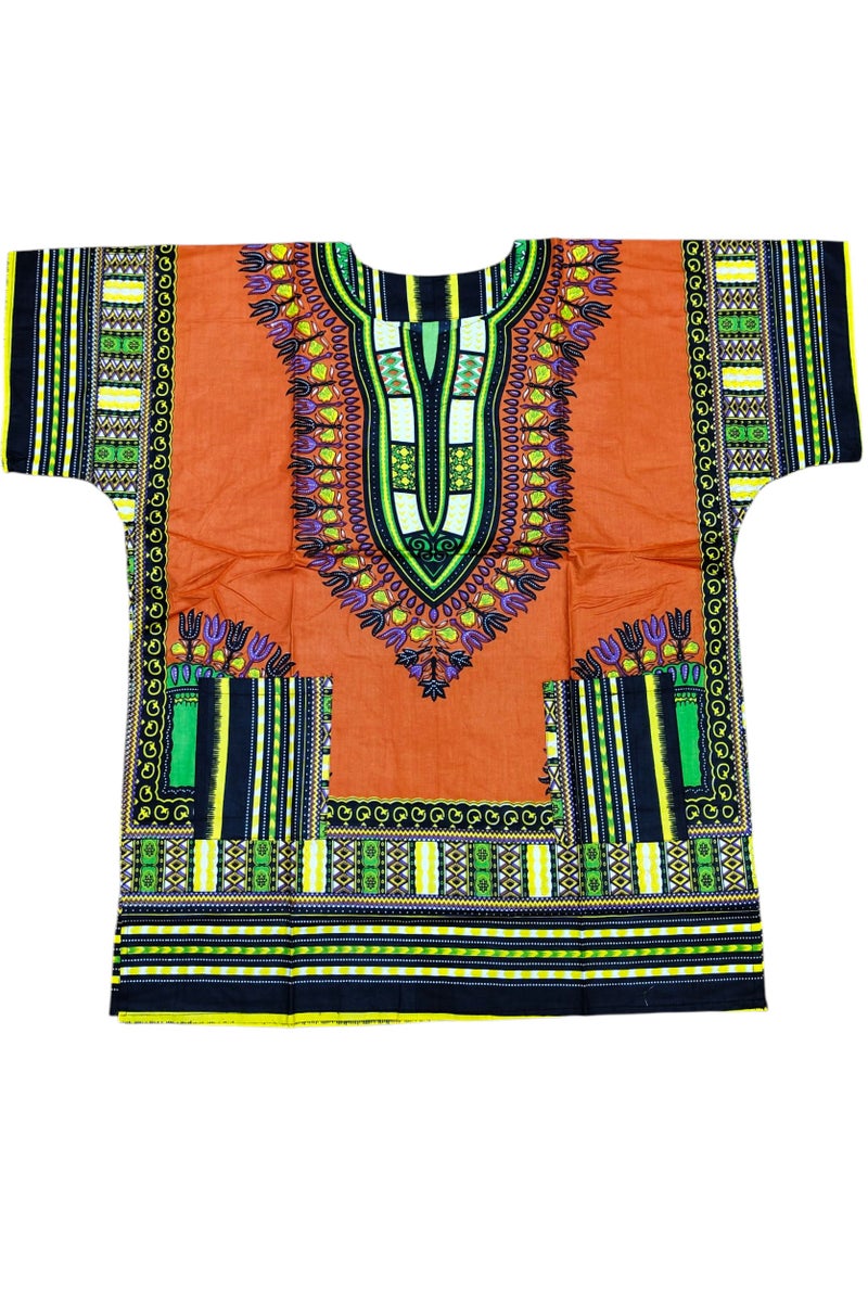African Dashiki Shirt For Men And Women 100% Cotton Fabrics With Beautifull Printed Design ( ORANGE ) - Image 1