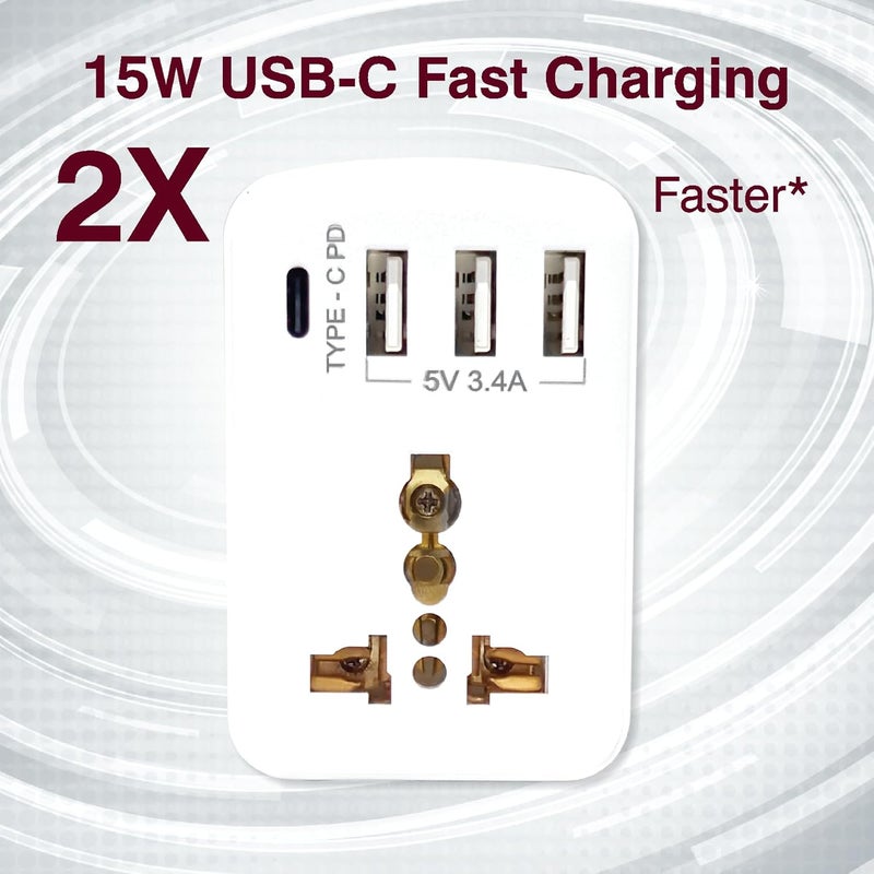 MX محول سفر عالمي مع USB-C PD (5V/3A) و 3 منافذ USB – شاحن متعدد 5 في 1 عالمي (100-250V AC، نوع D) محول طاقة دولي مدمج للسفر - Image 4