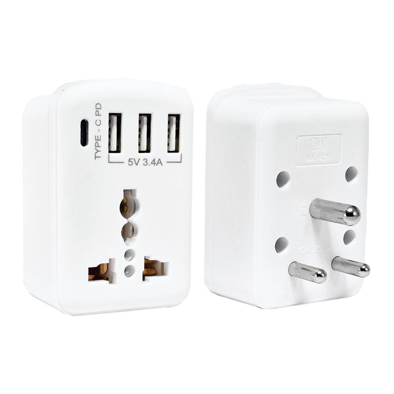 MX محول سفر عالمي مع USB-C PD (5V/3A) و 3 منافذ USB – شاحن متعدد 5 في 1 عالمي (100-250V AC، نوع D) محول طاقة دولي مدمج للسفر - Image 2