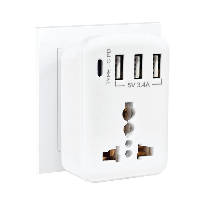 MX محول سفر عالمي مع USB-C PD (5V/3A) و 3 منافذ USB – شاحن متعدد 5 في 1 عالمي (100-250V AC، نوع D) محول طاقة دولي مدمج للسفر - Image 1