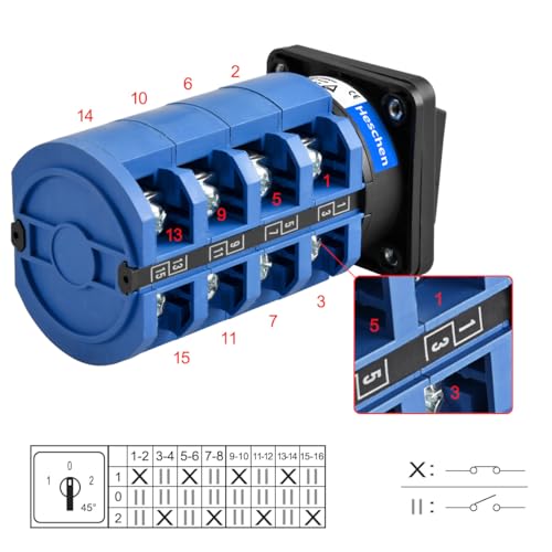 Heschen Universal Rotary Cam Selector Changeover Switch, SZW26-63/D404.4, 660V 63A, ON-Off-ON 3 Position 4 Phase, 4NO+4NC, 16 Terminals, CE - Image 2