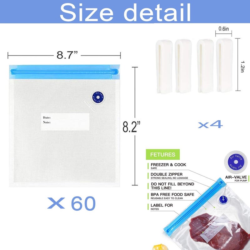 Repinsta Sous Vide Bags 60pcs Reusable Vacuum Sealer Bags with 4 Sealing Clips, Reusable Vacuum bags for Food Storage and Sous Vide Cooking (8.2x8.7 Inch) - Image 2