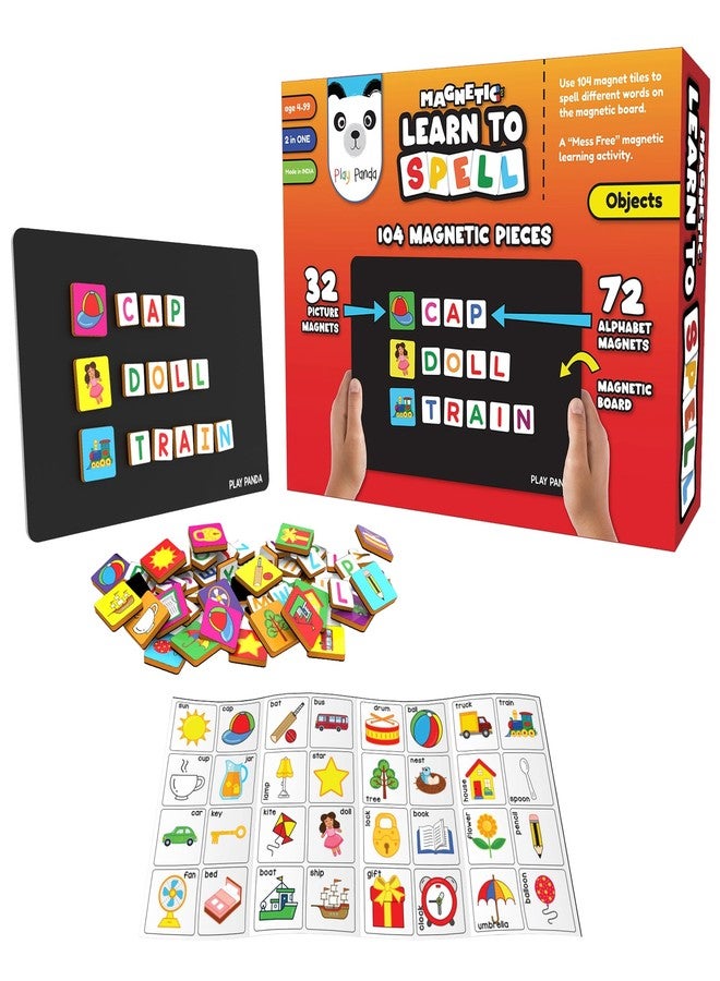 Play Panda Magnetic Learn to Spell : Objects with 32 Picture Magnets, 72 Letter Magnets, Magnetic Board and Spelling Guide - Image 1