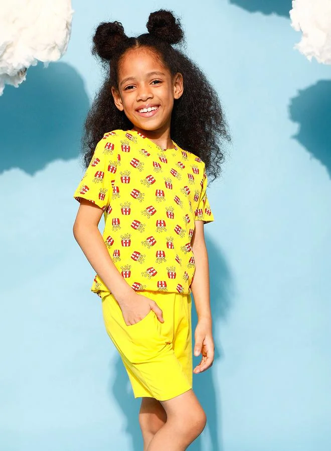 Clovia Cubs Popcorn Graphic Print T-Shirt & Shorts Set by Styli