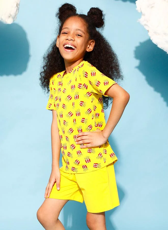 Clovia Cubs Popcorn Graphic Print T-Shirt & Shorts Set by Styli