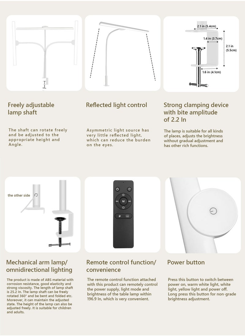 LOOPITYS - Desk Lamp with Clamp,3 Color Modes,Flexible Gooseneck Clamp Light, EyeCaring 18W Touch +Remote Control Color Brightness,Timer for Office,Study,2180 LUX Energy Conservation (WHITE) - Image 1
